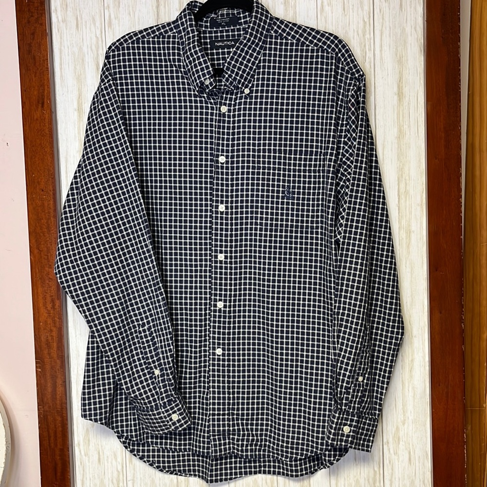 Nautica Blue/White plaid button-front collared dress shirt Size XL